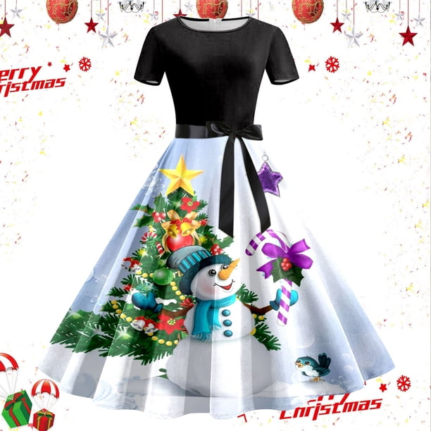 Vestidos de Mujer Vestido de Fiesta de Noche de Manga Corta Con Estampado Navideño de Los Años 50