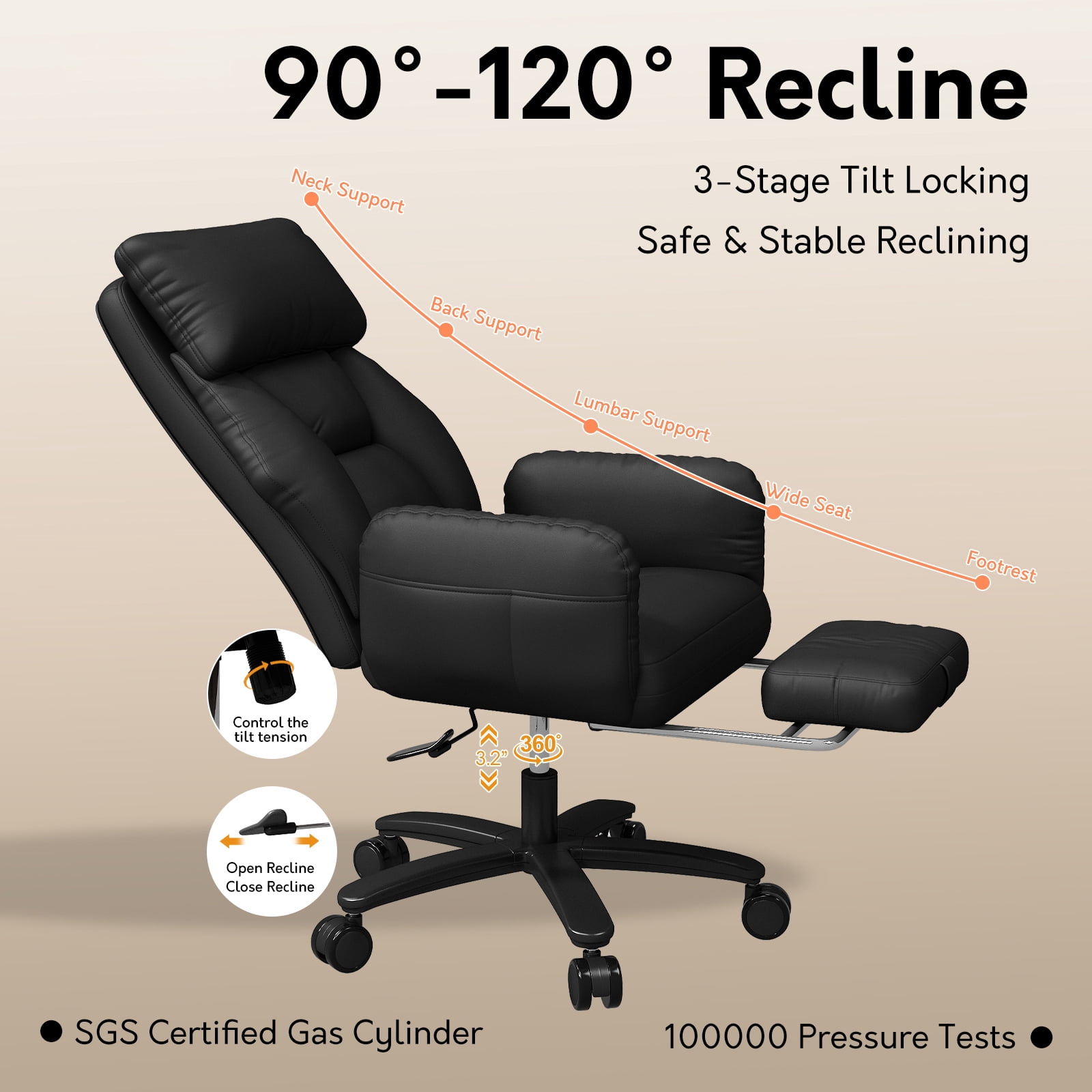 iooHug Criss Cross Office Chair, Big and Tall 500lbs High Back Faux Leather Desk Chair with Footrest, Wide Seat Cross-Legged Reclining Chair with Reversible Armrests and Lumbar Support, Black