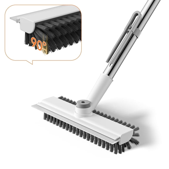 Floor Scrub Brush with Long Handle, Mini 3-in-1 Heavy-Duty Stiff Bristle Scrubber with Squeegee for Shower, Bathroom, Kitchen, Patio, Garage, Wall & Deck Cleaning