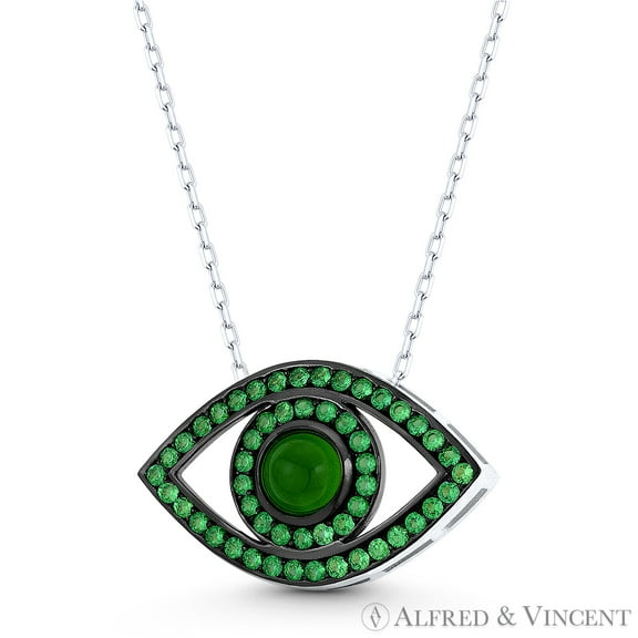 Evil Eye Charm Faux Emerald CZ Crystal Pendant & Chain Necklace in .925 Sterling Silver w/ Rhodium