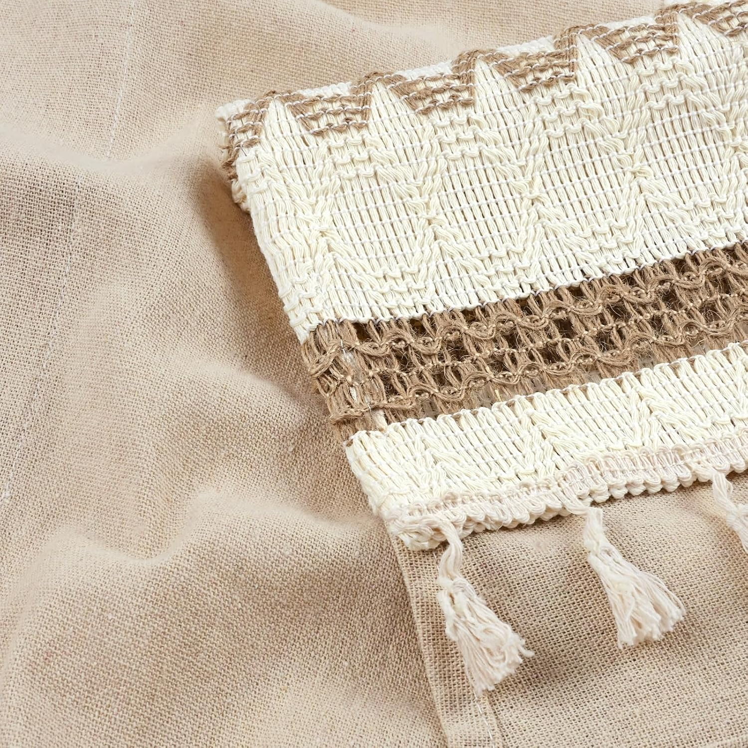 Alishomtll Boho Linen Light Filtering Curtains 84 Inches Long Farmhouse Rustic Striped Drapes Macrame Burlap ,Rod Pocket  ,Beige ,with Tassel
