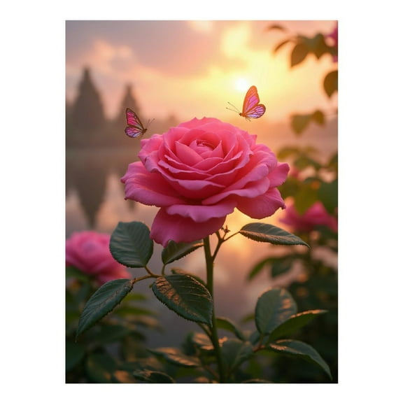 Diamond Art Kits for Adults, Sunset Rose With Butterflies 5D Diamond Painting Kits for Adults Beginners, DIY Full Drill Diamond Painting, Gem Art and Crafts 12x16