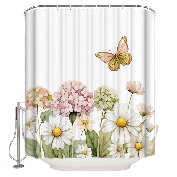 Shower Curtain Bathroom Set Garden Butterfly Colorful Hydrangea Waterproof Fabric Shower Curtains with Grommets&Hooks Spring Watercolor Floral Privacy Bath Curtain for Bathtub 36x72in