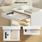 White Nightstand with LED Lights,Wireless Charging Station,2 Drawers, Modern Wooden Sofa Bedside Table,End Side Table with Pull-Out Shelf,Living Room Bedroom