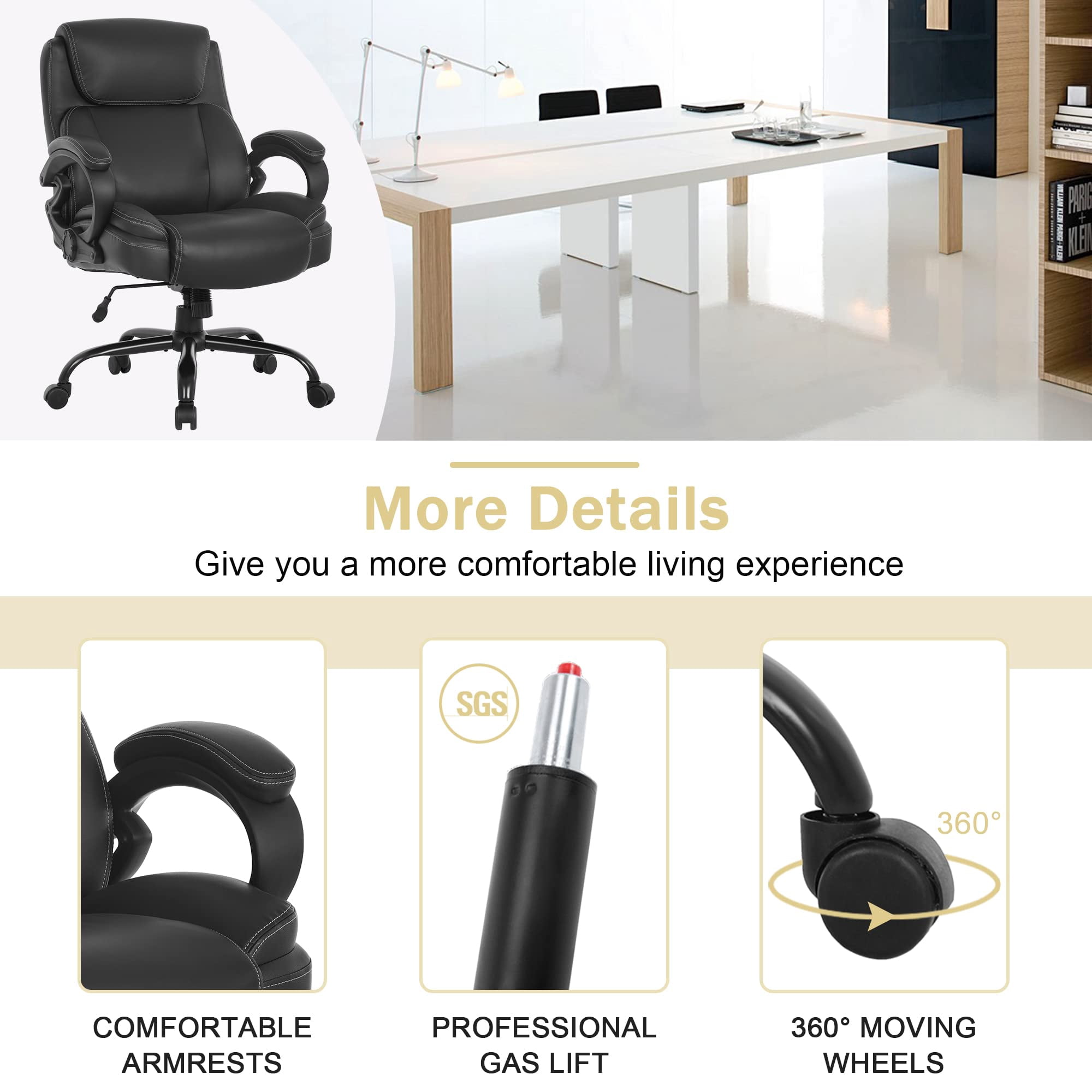 400lb Heavy Duty Office Chair, Ergonomic 43" H High-Back Executive Chair with Adjustable Lumbar Support
