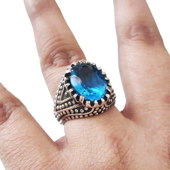 Blue Topaz Mens Ring, Natural Swiss Blue Topaz, November Birthstone Topaz, Silver Jewelry, 925 Silver Ring, Birthday Gift, Heavy Mens Ring, Arabic Oxidized Mans Ring, Christmas, Mens Signet Ring