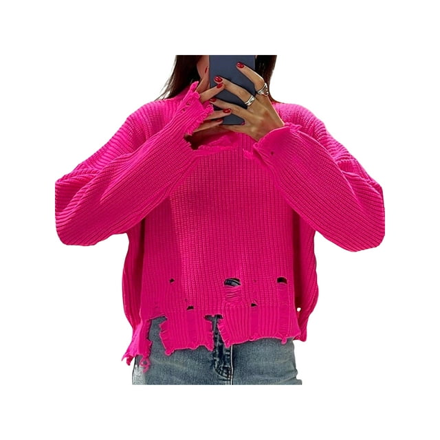 xiaxaixu Chandails Déchirés pour Femmes, Manches Longues Col Rond Couleur Unie Pull Ample