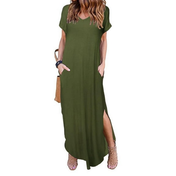 Women's Summer Maxi Dress Casual Loose Pockets Long Dress Short Sleeve Split Maxi Dresses