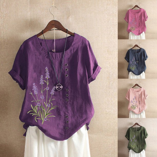 Fiudx Liquidación de Ahorros de Verano Camiseta de Verano con Cuello Redondo y Manga Corta para Mujer, Informal, con Botones Impresos