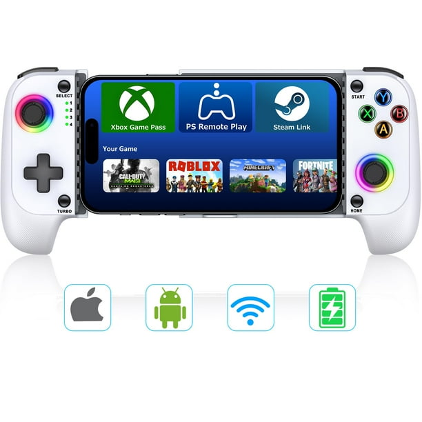 Controlador de juegos móvil para iPhone/Android con soporte de estuche, joysticks de efecto Hall Controlador de teléfono inalámbrico con RGB - Adecuado para juegos en la nube, PUBG, Roblox, Call of Du