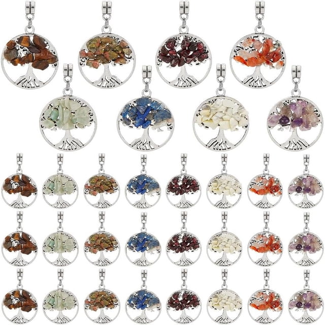 32 colgantes del Árbol de la Vida en 8 colores, 2,9 cm / 1,1 pulgadas, dijes de piedras preciosas, colgantes de cuarzo, dijes del Árbol de la Vida