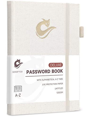 GOSSIP FOX Deluxe Password Book with Alphabetical Tabs and Natural Linen Fabric Hardcover. Untitled Password Keeper Journal Notebook for Computer & Website Logins. Password Organizer Logbook (Beige)