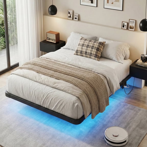 Fairy Twin Bed Frame with Charging Station, LED Lights, Heavy-Duty Metal Platform, Black