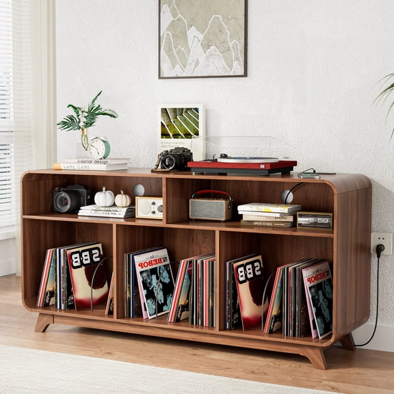 Large Record Player Stand, Curved Vinyl Record Cabinet with Charging Station & USB Ports, Record Player Table Holds Up to 350 Albums, Record Stand for Music Room Living Room, Walnut