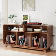 Large Record Player Stand, Curved Vinyl Record Cabinet with Charging Station & USB Ports, Record Player Table Holds Up to 350 Albums, Record Stand for Music Room Living Room, Walnut