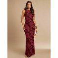 thumbnail image 3 of Burgundy 3D Floral Embroidered Sleeveless High Neck Fitted Maxi Dress, 3 of 7