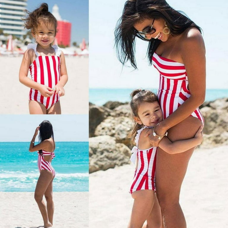 Girls One-Piece Red Striped Lace Daughter Swimsuits Family Matching Swimwear Parent-Child Swimsuits -