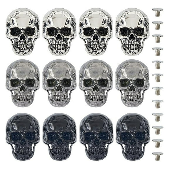 12pcs 3Colors Alloy Skull Stud Rivet Skull Conchos Screw Back Leather Crafting Skull for Punk DIY Craft Decoration