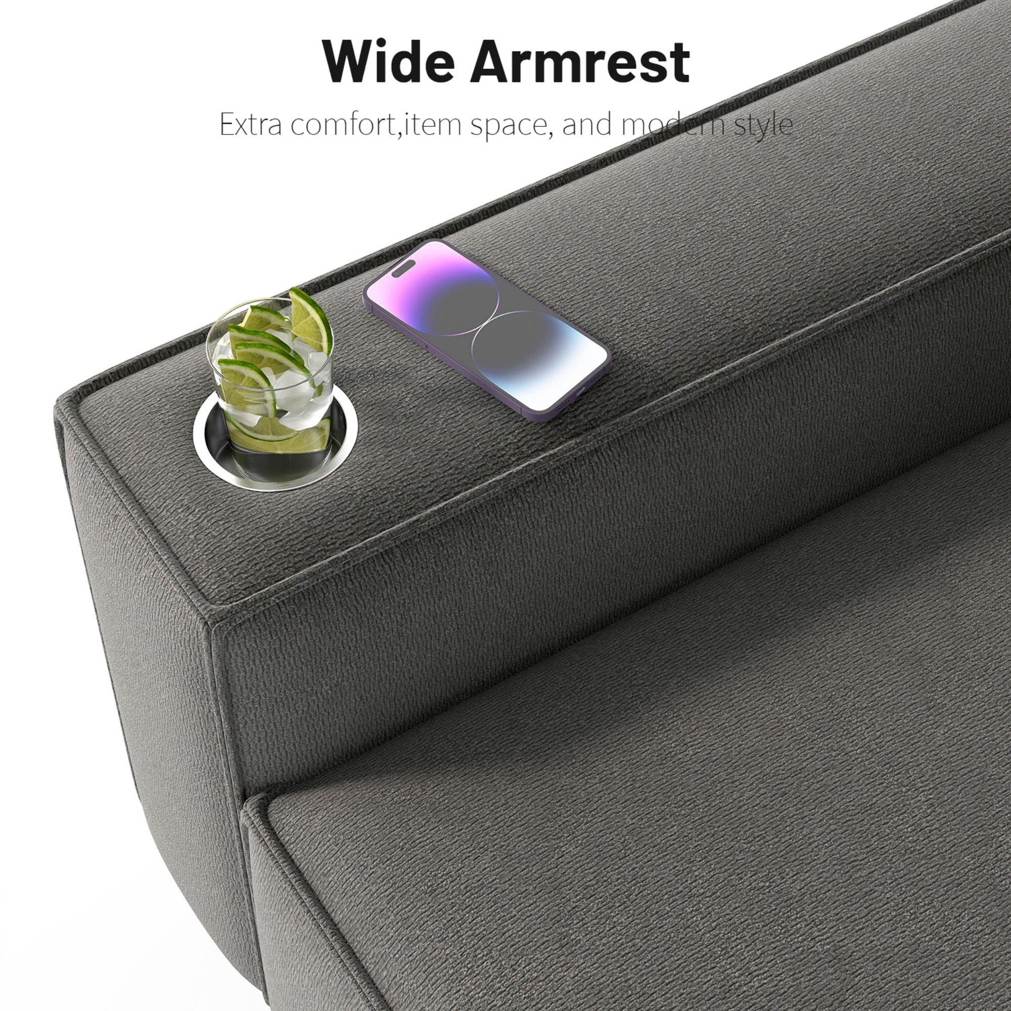 Gewnee Chenille 3 Seater Sofa with Wide Armrests,Cup Holders and Pillows,Comfortable WideSeat Sofa for Living Room or Apartment.Dark Grey