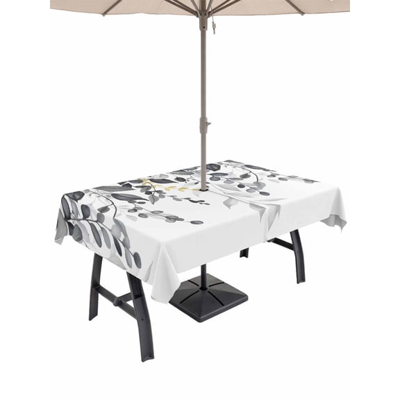 Outdoor Tablecloth with Umbrella Hole and Zipper, Grey Eucalyptus Rectangle Table Cloth 60x84 Inch Waterproof Tablecloth, Watercolor Spring Weeping Botanical Picnic Table Cover for Patio Camping