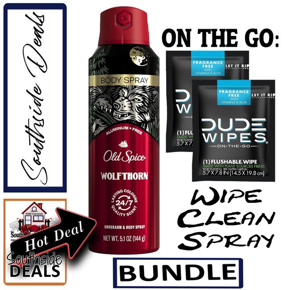 Old Spice Aluminum Free Body Spray for Men, Wolfthorn, 5.1 oz - Underarm & Body Spray - Spray Nozzle's May Vary - with 2 Unscented XL DUDE Wipes included