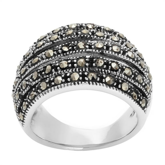 Silver Women's 925 Sterling Silver Oxidized Simulated Marcasite Wide Curved Multi Row Ring
