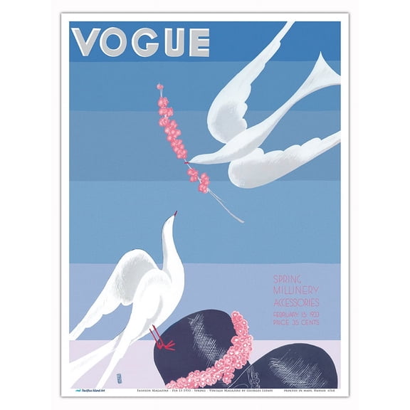 Fashion Magazine - Feb 15, 1933 - Spring Millinery Accessories - Doves - Vintage Magazine Cover by Georges Lepape - Master Art Print (Unframed) 9in x 12in