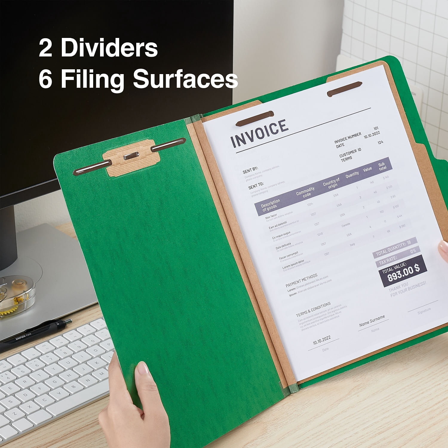 Staples Moisture Resistant Classification Folder 2-Dividers 2.5" Expansion Letter Size Green