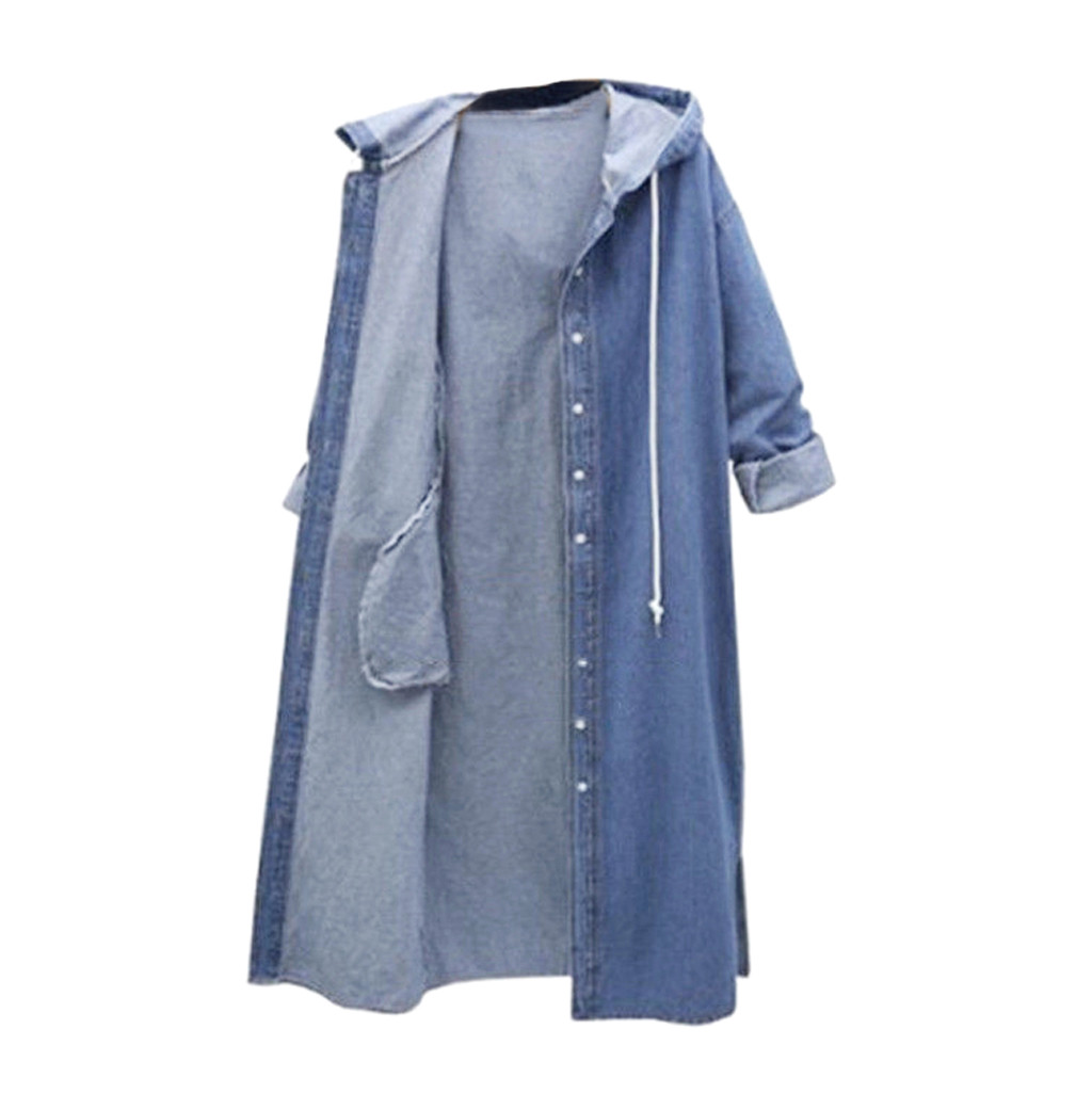 Women Hooded Casual Long Sleeve Denim Jacket Long Jean Coat Outwear Overcoat joybuy_Lighthian - image 2 of 5