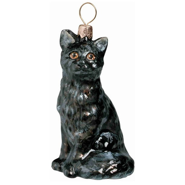 Sitting Black American Shorthair Cat Polish Glass Christmas Ornament