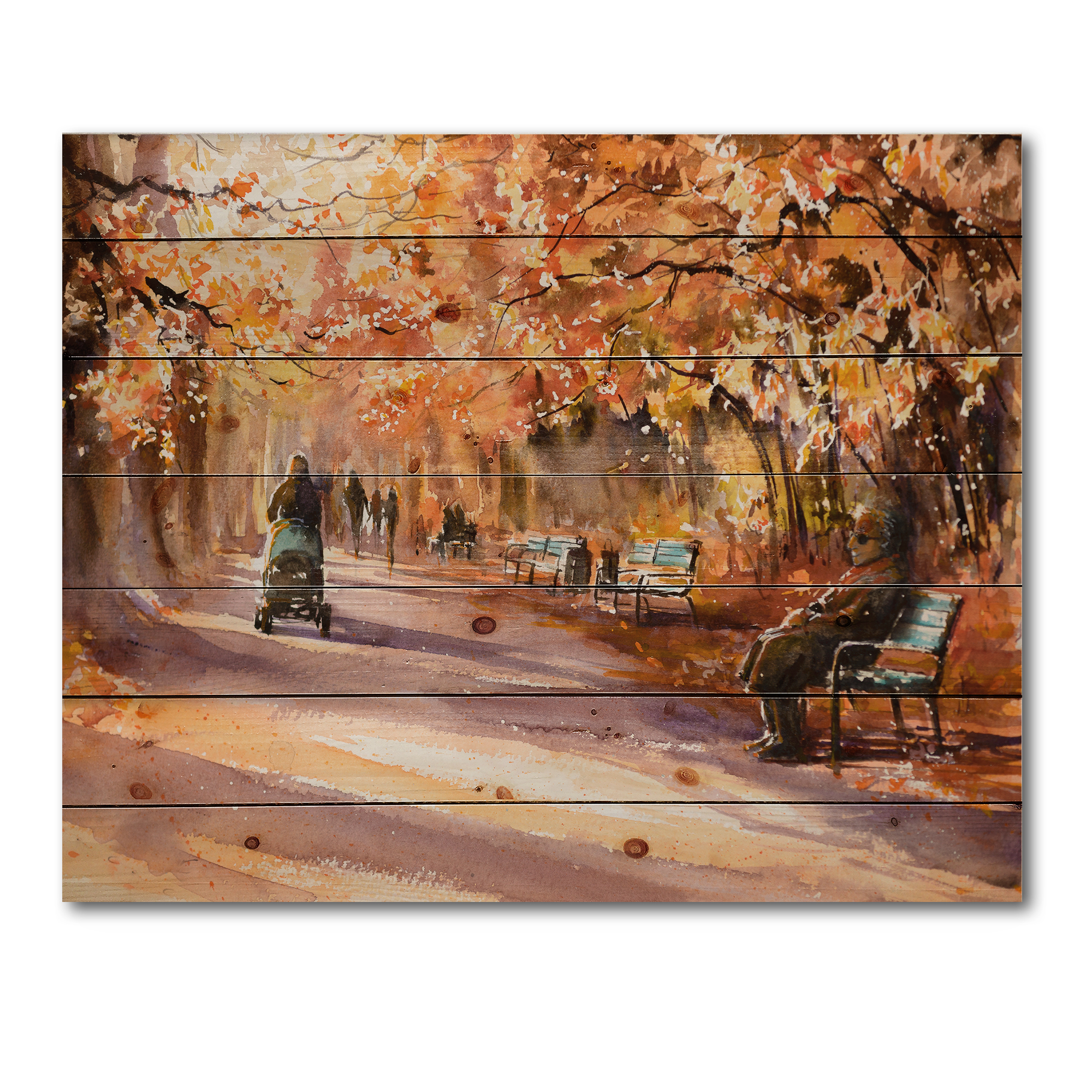 Designart 'Path In The Park In Sunny Autumn Day' Country Print on Natural Pine Wood