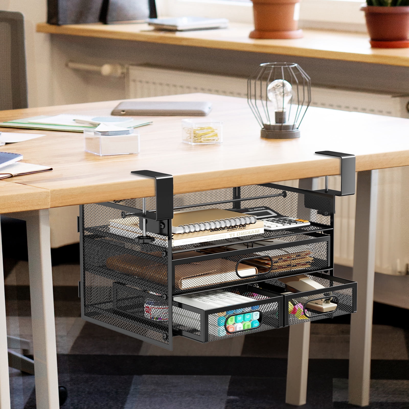 Under Desk Drawer Organizer, Large Under Desk Storage Side Drawers for Home & Office, L12.9xW9.6xH8.1 Drill-Free Clamp-on Installation for Small Space, Spacious Storage for Office Supplies, Papers