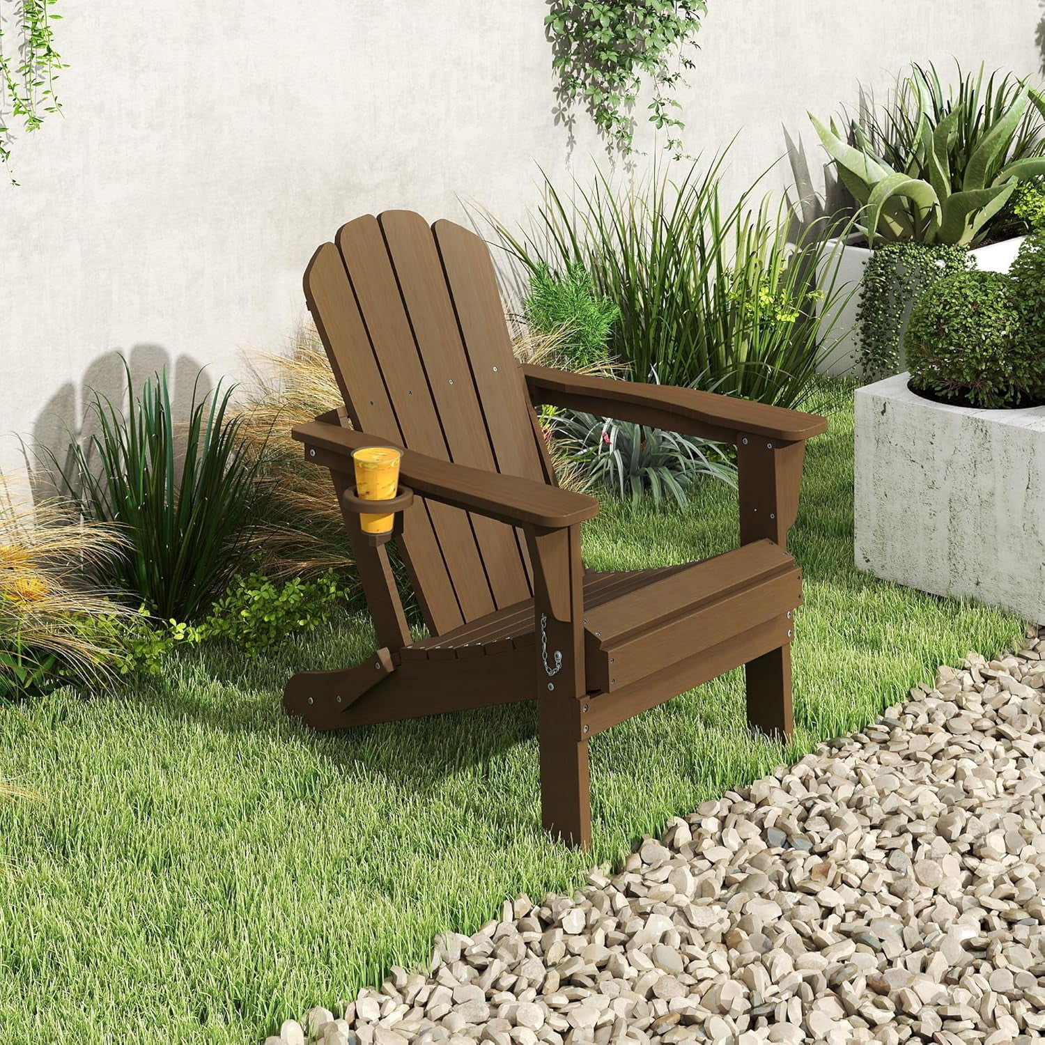 Domi Outdoor Living Folding Adirondack Chair, All-Weather HDPE Patio Chair with Cup Holder, Weather-Resistant Fire Pit Seating for Backyard, Deck, Garden & Poolside, Brown