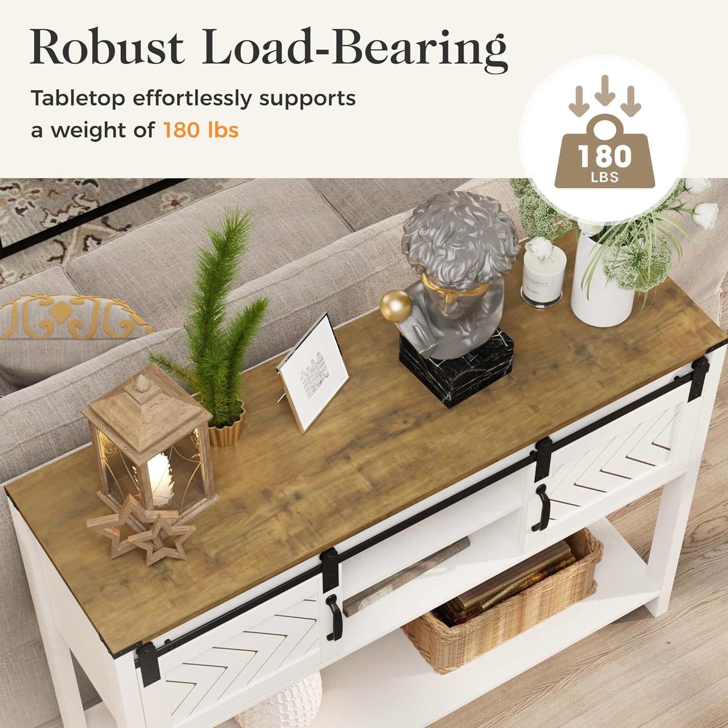 Sunvivi Rustic Console Table with Sliding Barn Door, Modern Entryway Console Table for Entryway