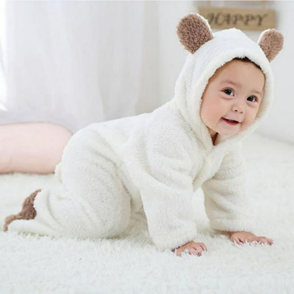 Newborn Baby Hoodies Romper - Coral Fleece Crawling Bodysuit - Long sleeve Cotton Jumpsuit - Autumn Winter Warm - Lovely Bunny Ears Outfits