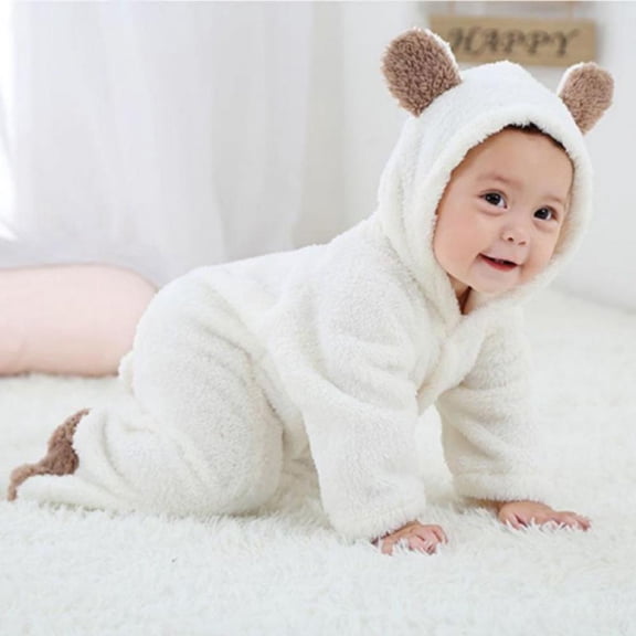 Newborn Baby Hoodies Romper - Coral Fleece Crawling Bodysuit - Long sleeve Cotton Jumpsuit - Autumn Winter Warm - Lovely Bunny Ears Outfits