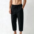 thumbnail image 5 of Migroa Men's Linen Capri Pants Casual Lightweight 3/4 Baggy Pants Drawstring Elastic Waist Beach Yoga Pants with Pockets Black L, 5 of 5