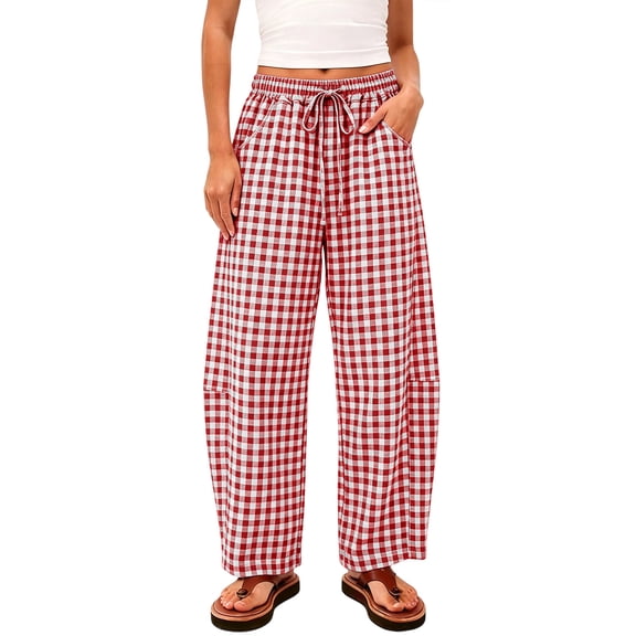Womens Gingham Barrel Pants Cotton Elastic High Waisted Pants Trendy Casual Summer Vacation Red M