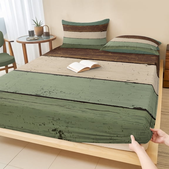Twin XL Size Fitted Sheet Set - Green Brown 2 Piece Bedding Sets 16" Deep Pocket Fitted Sheet with 1 Pillowcases, Country Wood Grain Abstract Stripe Brushed Microfiber Hotel Luxury Bed Sheets