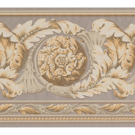Double Pearl Border Beautiful White Gold on Pearl Victorian Damask Wide Wallpaper Border Classic Design, Roll 15' x 9'' ()