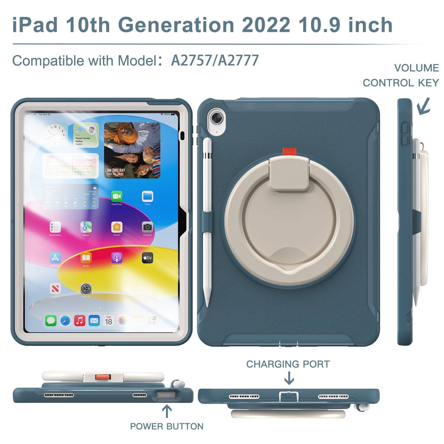 TECH CIRCLE for Apple iPad 10th Generation Case 10.9 inch 2022,360 Rotation Stand Heavy Duty Shockproof Rugged Soft Silicone Protective Case with Pencil Holder for Kids Girls Women,Cornflower Blue