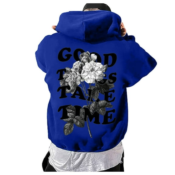 Puliio Mens Hoodies Trendy Leisure Back Flower Print Hooded Pullover Long Sleeve Classic Versatile Daily Plus Size Hooded Sweater Tops