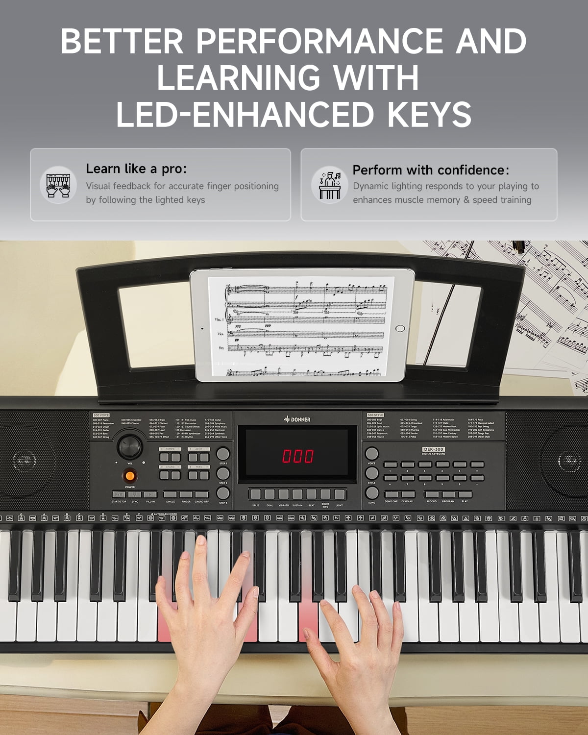 Donner DEK-300 61-Key LED Electronic Keyboard Piano with Stand