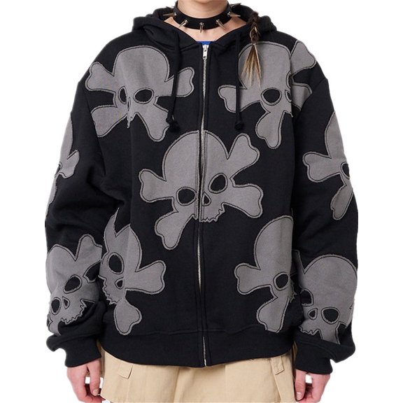 Silver Basic Y2K Men's and Women's Hoodies Retro Skull Print Zipper Sweatshirt Hoodie Gothic Hoodie Hip Hop Punk Style M,Black-1