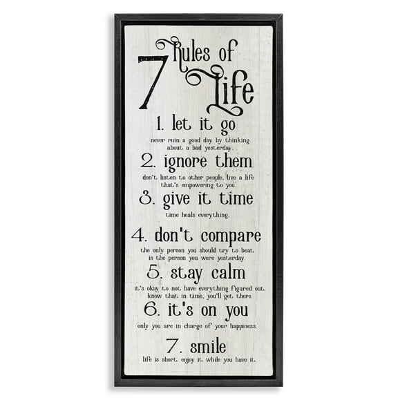 Stupell Industries Rules Of Life Motivating List Inspirational Painting Black Floater Framed Canvas Art Print Wall Art, 11 x 25