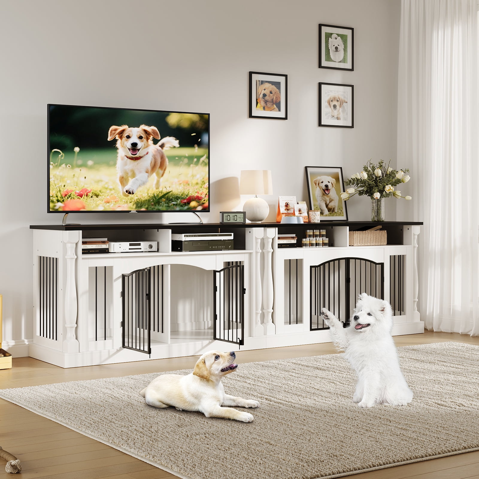 Heavy Duty Double Dog Crate Furniture for 2 Dogs - 63" Wooden Kennel with Open Storage, TV Stand Table, Charging Station, Sliding Barn Doors - Roman Column Design for Small & Medium Dogs - White