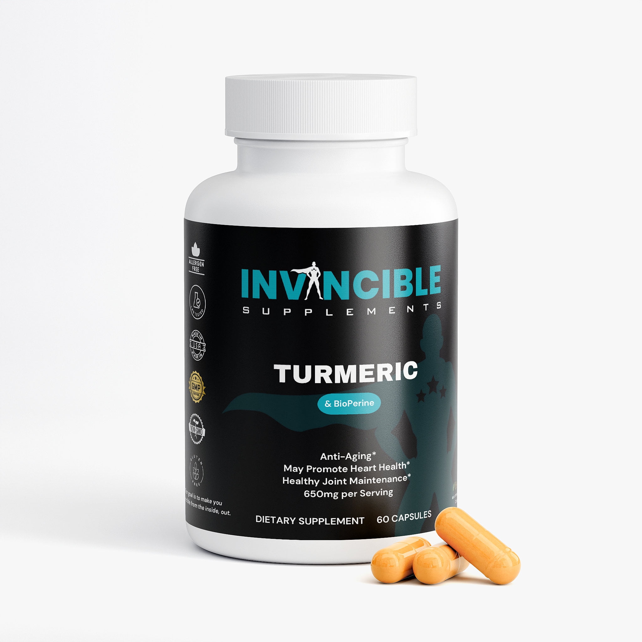 Invincible Supplements Turmeric & BioPerine Capsules – 650 mg per Serving – Supports Heart Health, Joint Health & Anti-Aging – All-Natural, Gluten-Free, Non-GMO – No Binders or Fillers