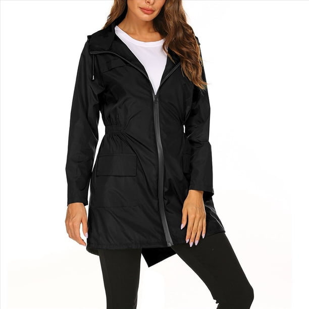 Chaqueta Impermeable para Mujer con Capucha y Cremallera Frontal de Longitud Media para Exteriores. Negro L