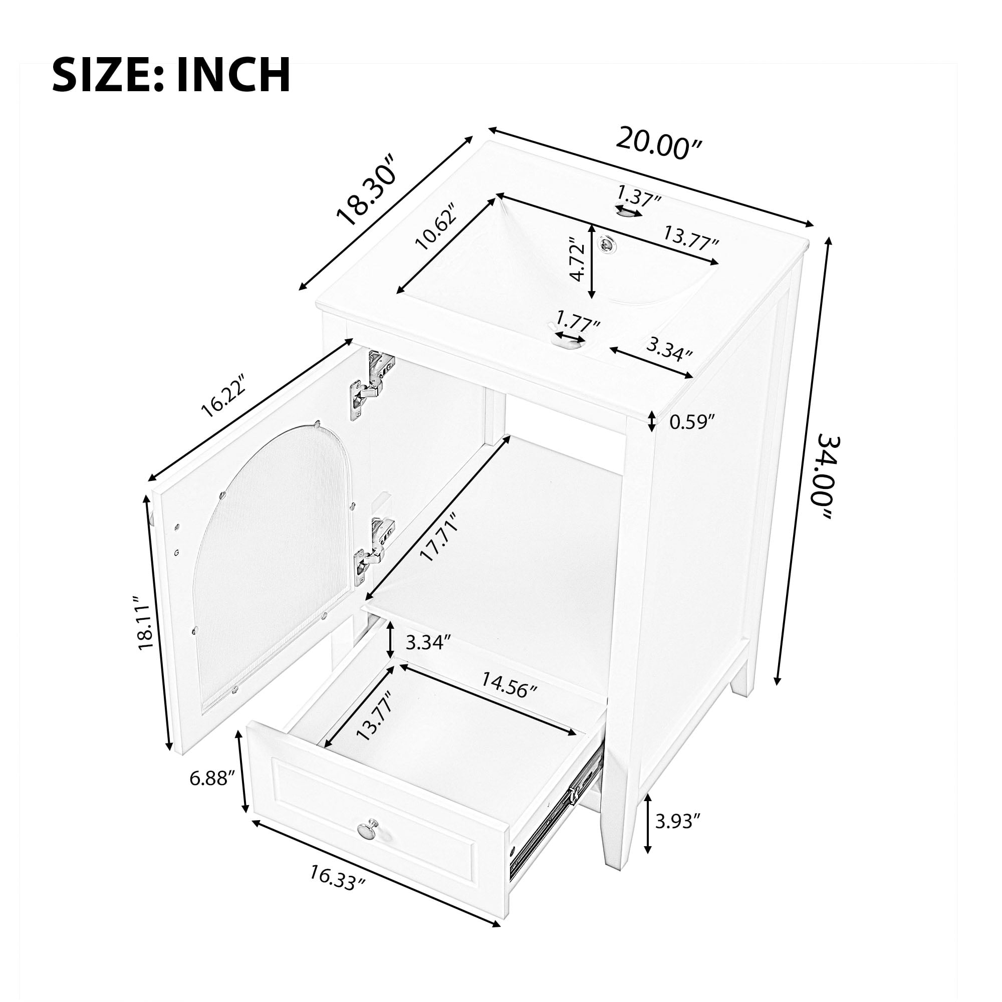 Euroco 24-Inch Bathroom Vanity with Sink – White Freestanding Cabinet with Glass Door, Drawer, Soft-Close Door & Ceramic Basin – Solid Wood Frame