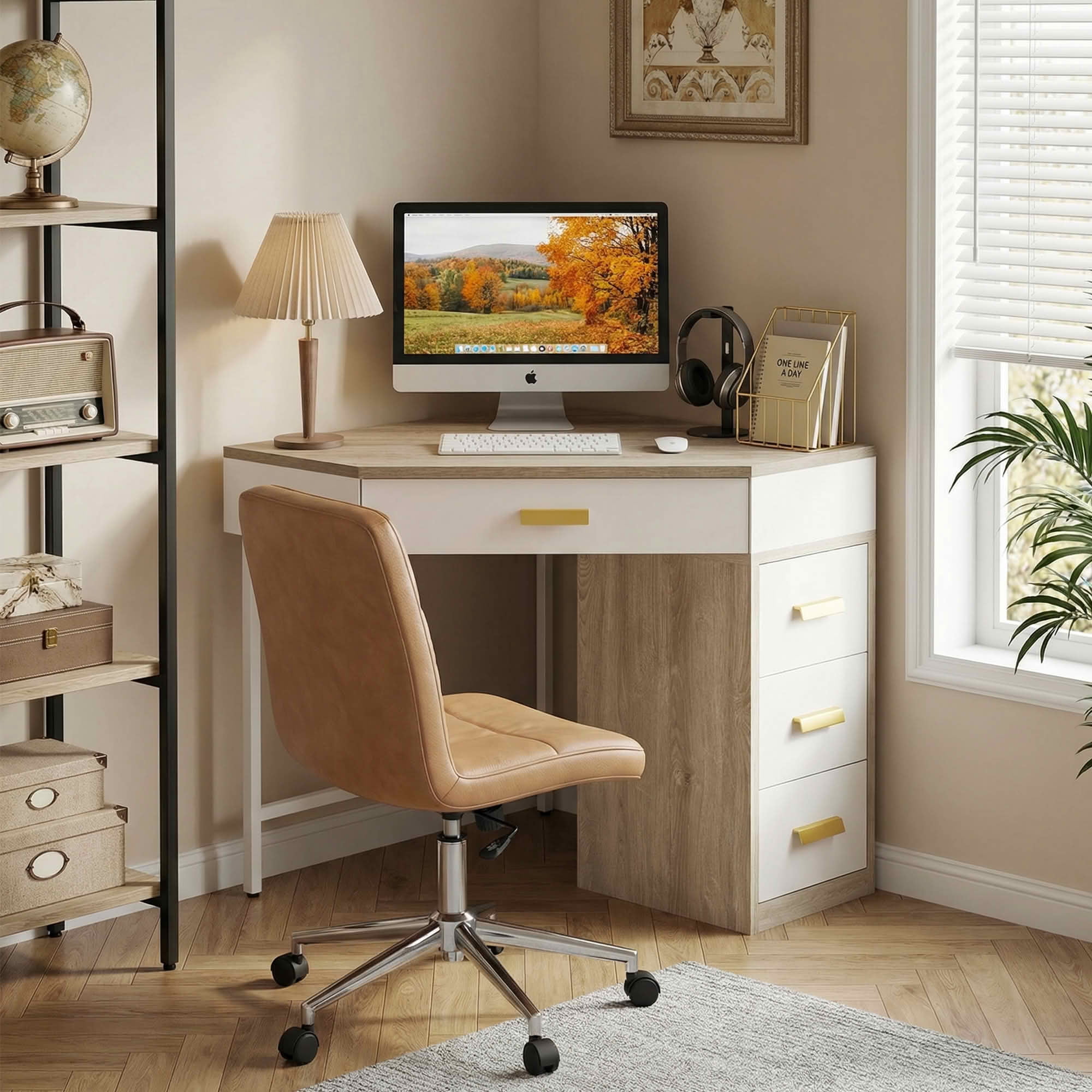 MAYEERTY 90° Triangle Corner Desk with 4 Drawers, Vanity Makeup Computer Desk